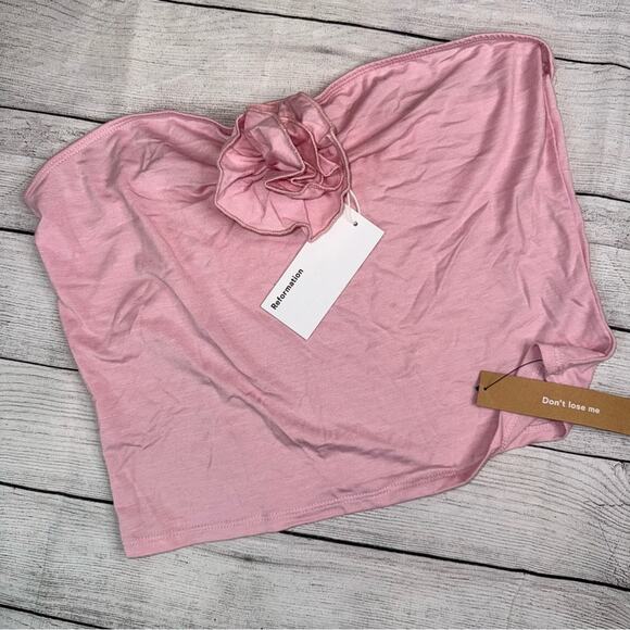 Reformation NWT Adalynn Knit Strapless top with Flower Applique Pink Size Large - Picture 3 of 7